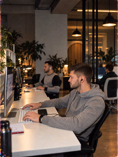 A designer concentrating at a long studio desk