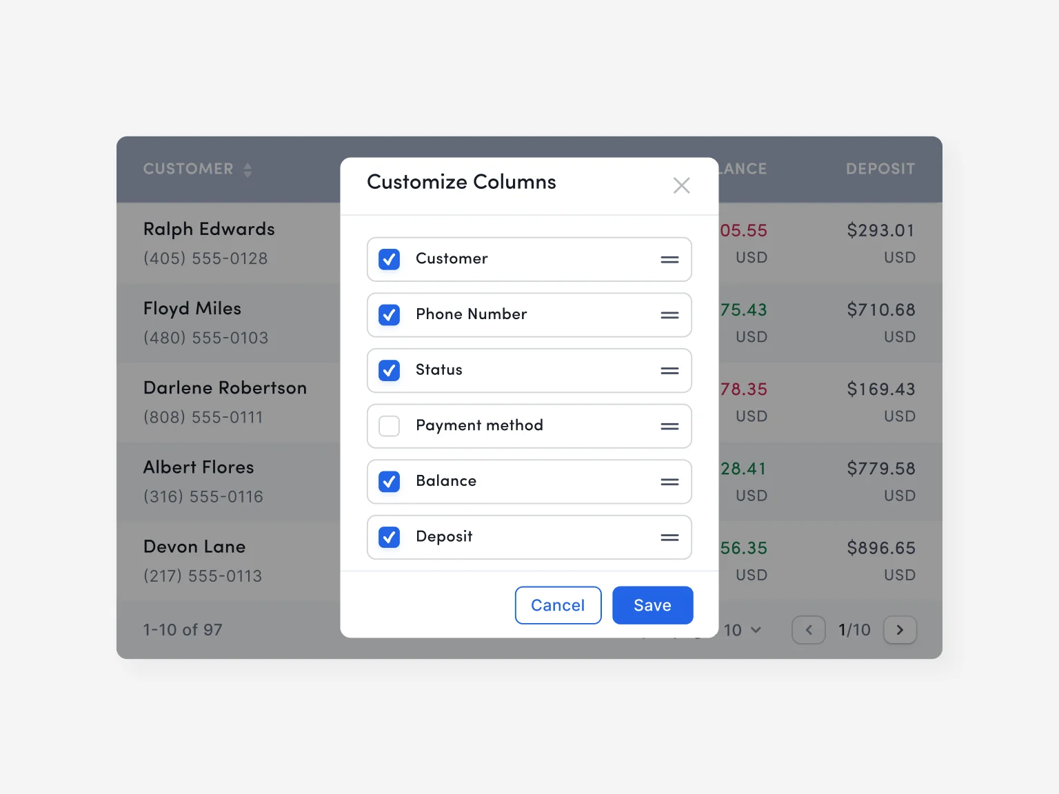Allow users to choose which data will be included in their table
