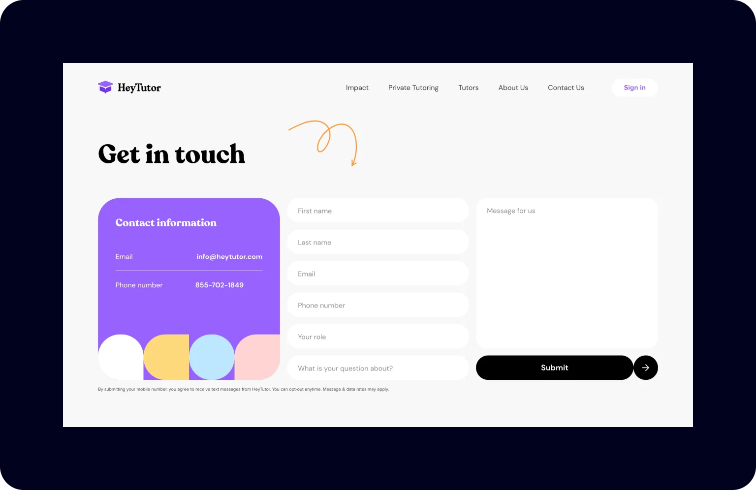 Simplicity of the Contact page on the HeyTutor website