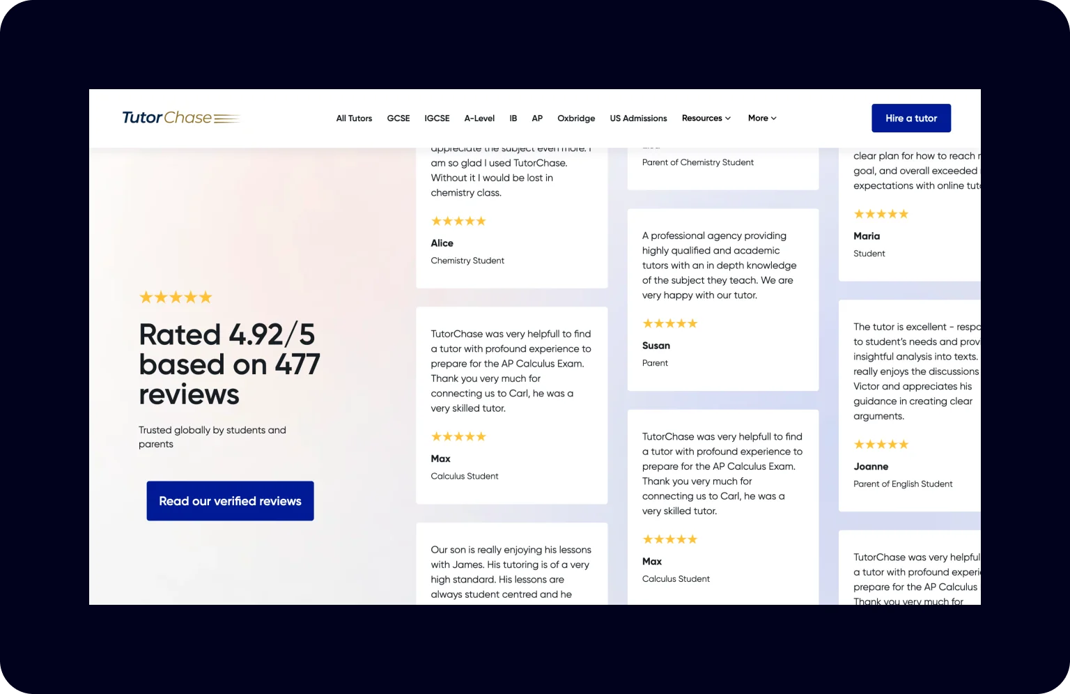 Highlighted but consistent reviews on the TutorChase web page