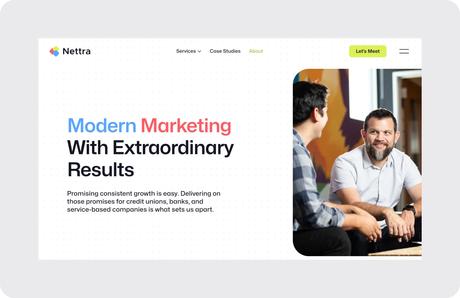 Photos on Nettra Media’s About page create a friendly vibe