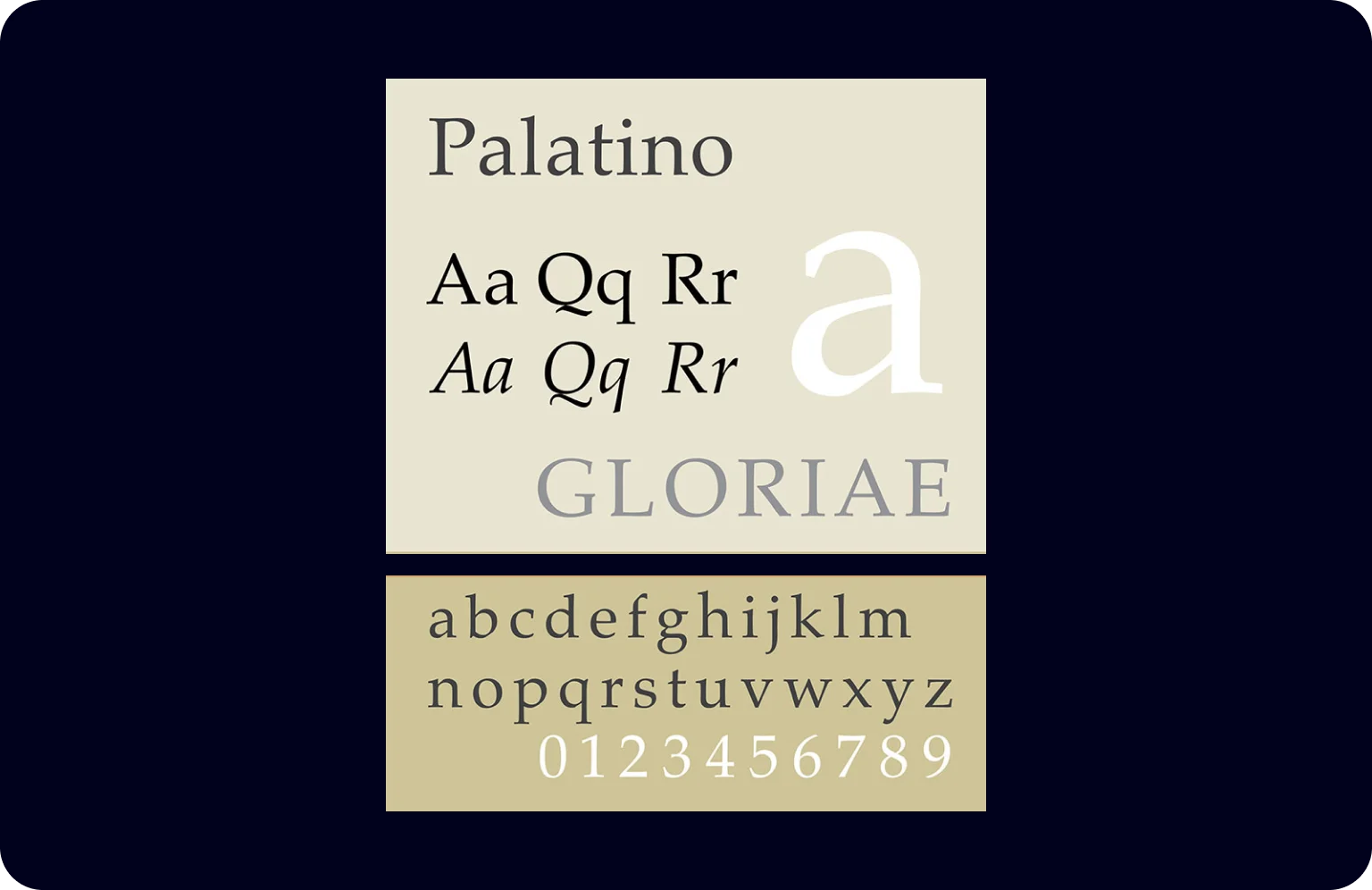 Palatino’s letterforms are characterized by well-proportioned serifs