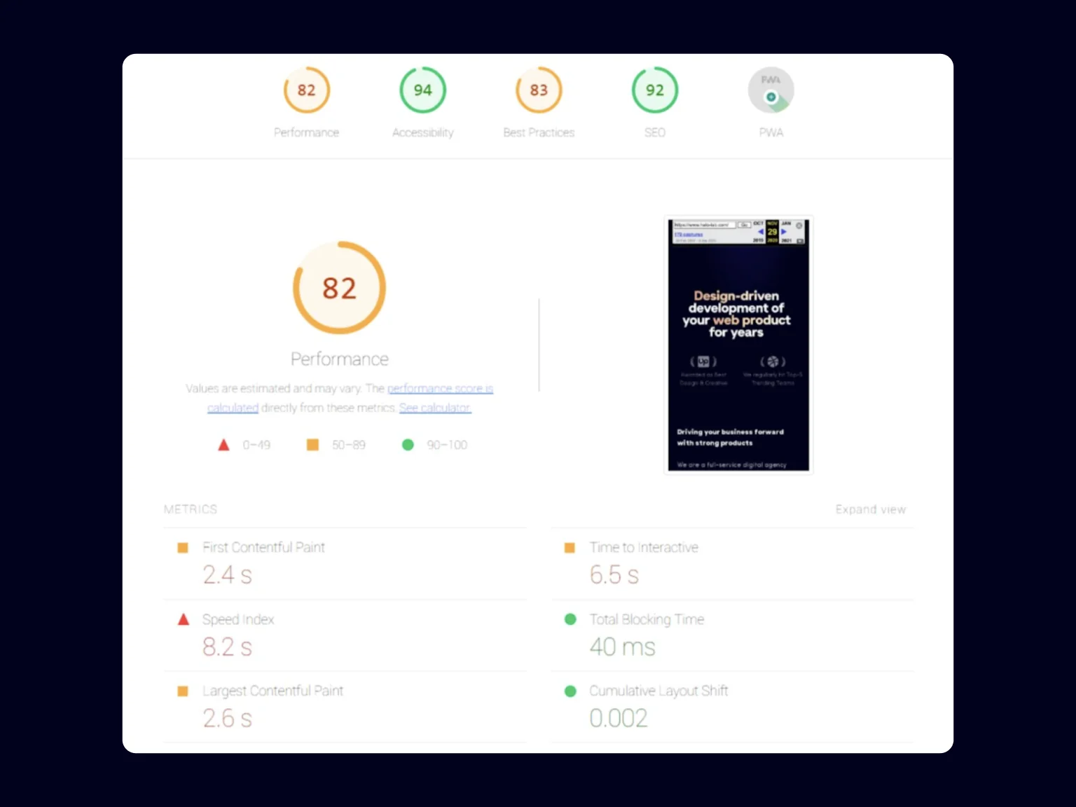 Performance results of Halo Lab homepage before implementing Eleventy