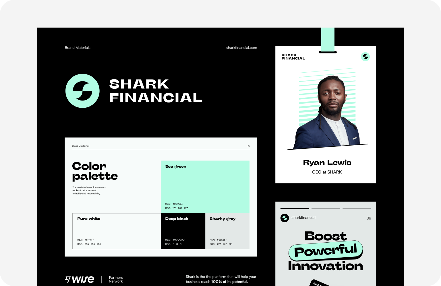 Cool graphics and mint accents in Shark Financial design