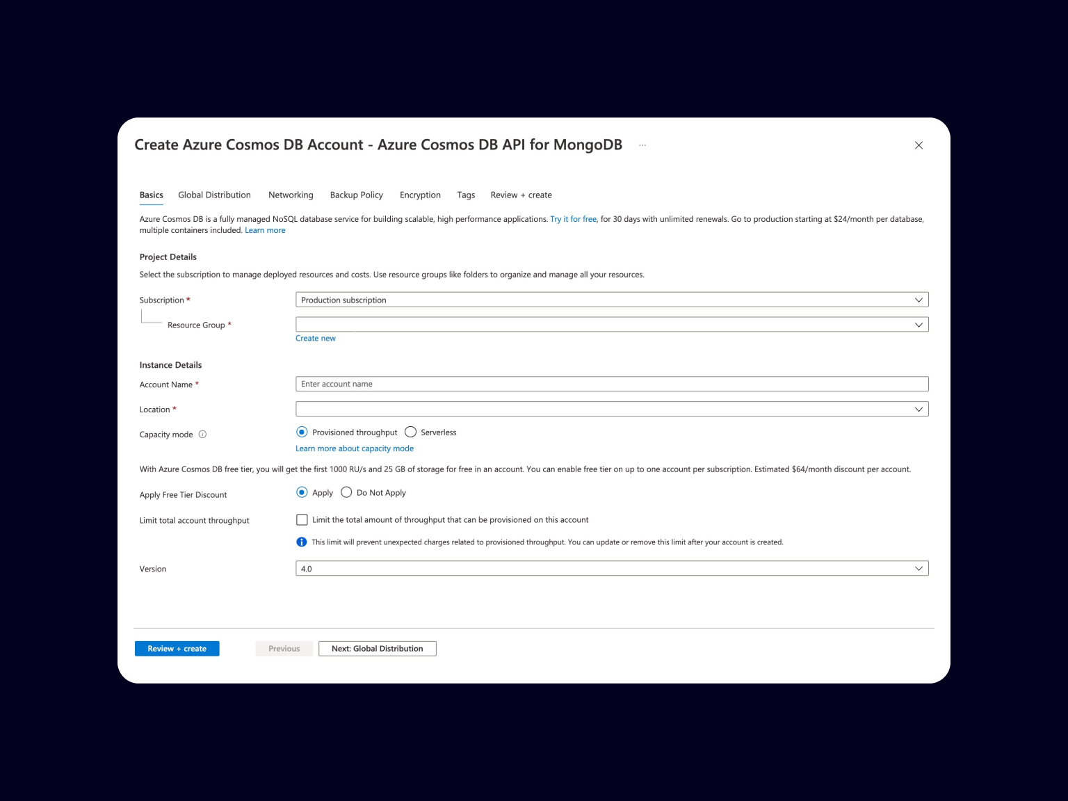 Creating instances for hosting the database