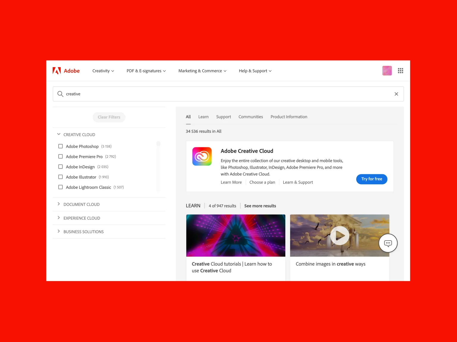 Example of Adobe’s search functionality
