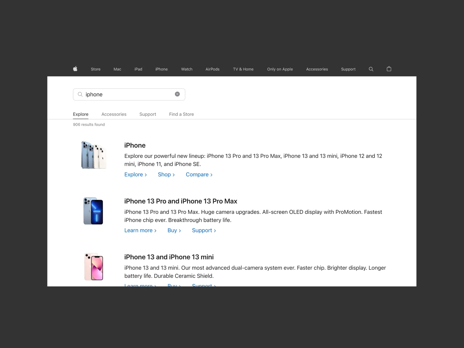 Example of Apple’s search functionality