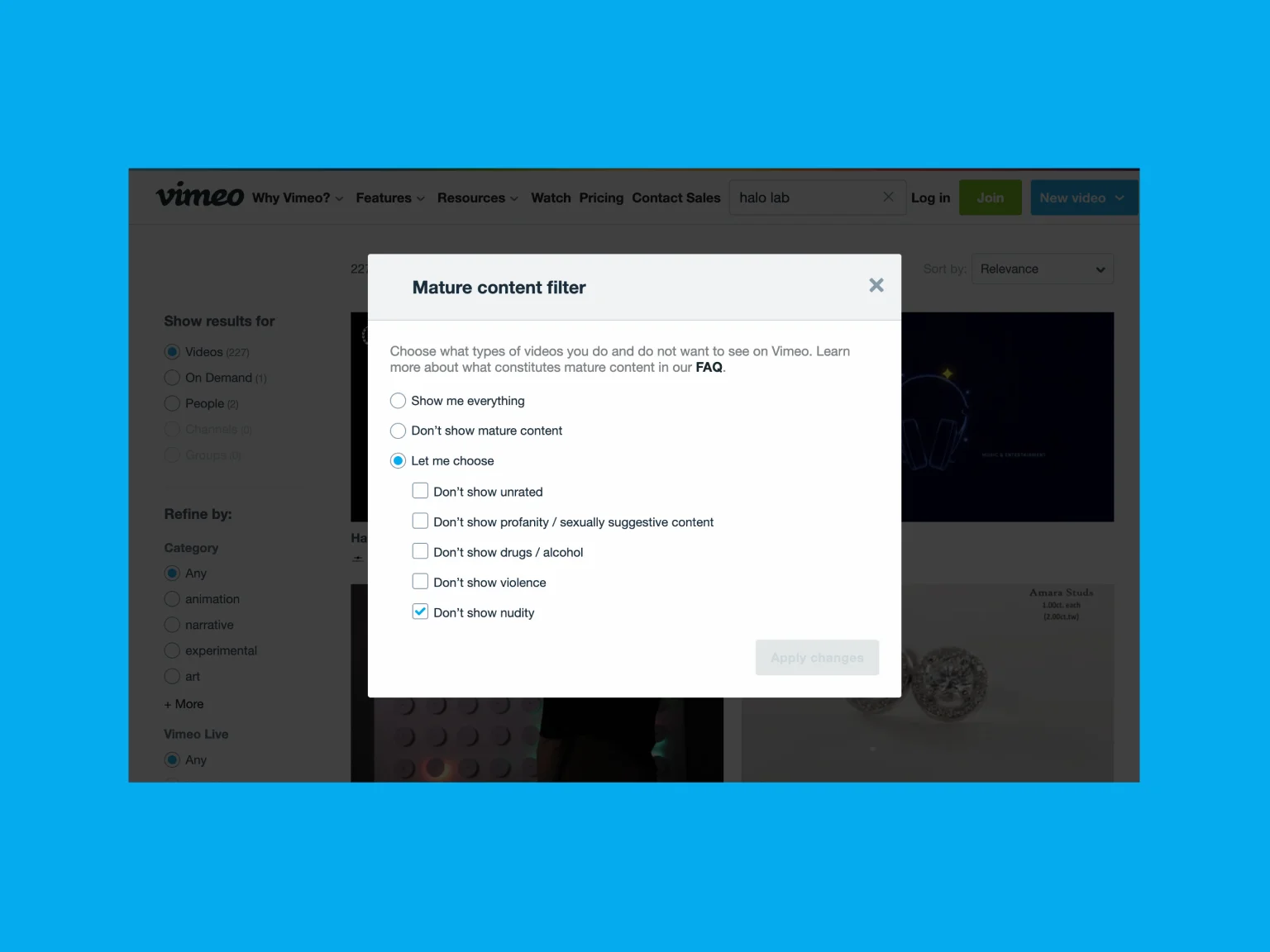 Example of Vimeo’s search functionality
