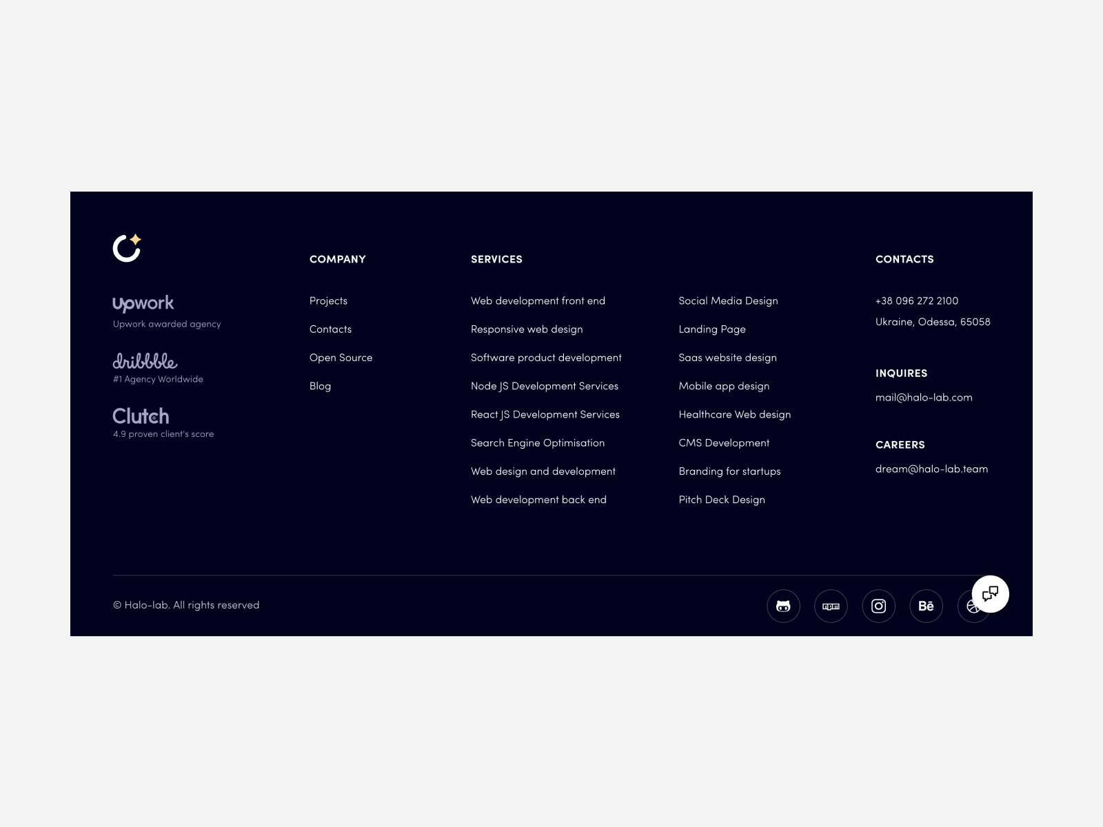 Halo Lab: the footer corresponds our cosmic corporate identity