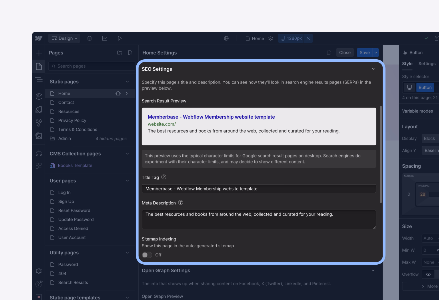 With Webflow, fine-tuning SEO directly in the editor is a simple task