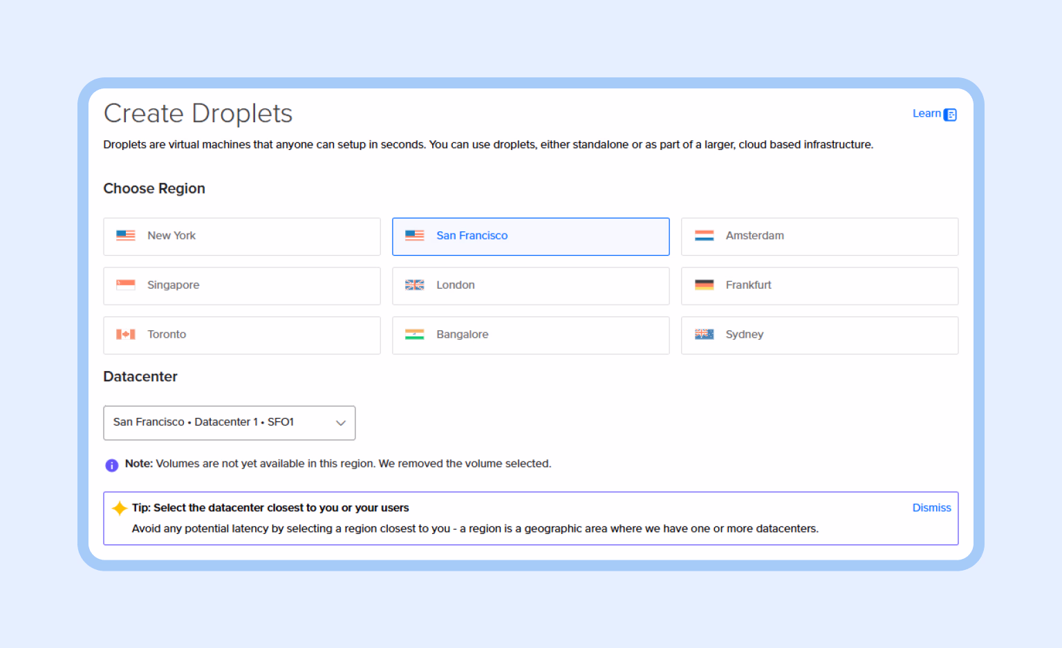 Step 1: Select a region and datacenter location