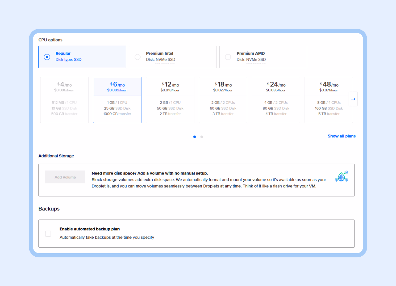 Step 3: Select the server plan and storage options