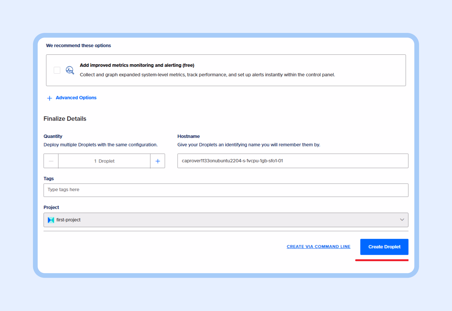 Step 4: Finalize details and create your Droplet