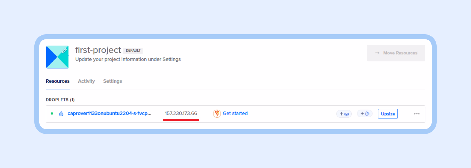 Dashboard showing your Droplet and IP information