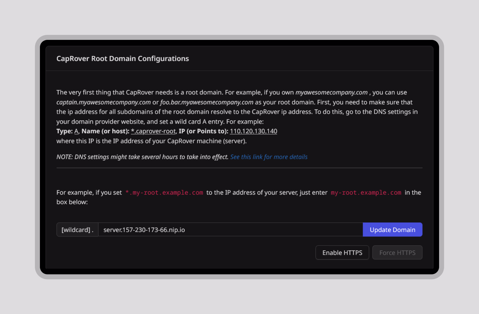 Root domain settings to replace your IP with a domain