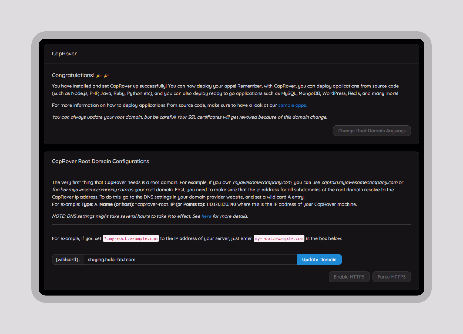 CapRover dashboard showing domain configuration options