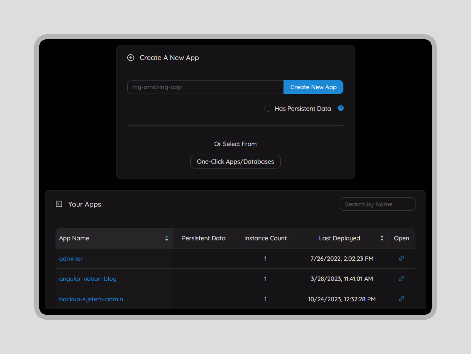 Apps tab for managing and deploying applications