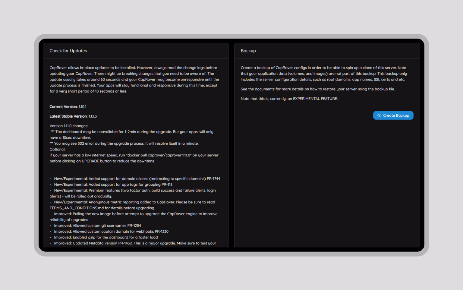 Settings tab for updates, backups, and system configuration