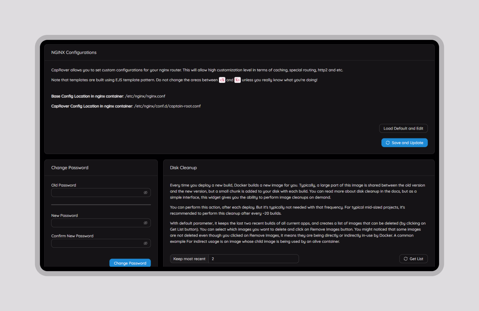 Nginx configuration and disk cleanup overview panel