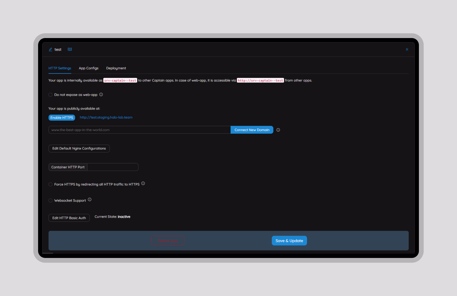 View showing how to configure HTTP and domain settings