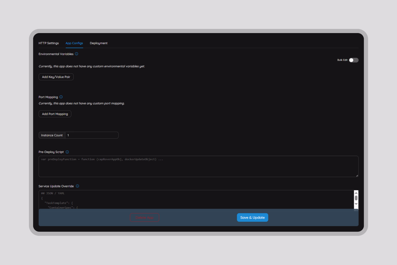 App Configs tab with environment and scaling options
