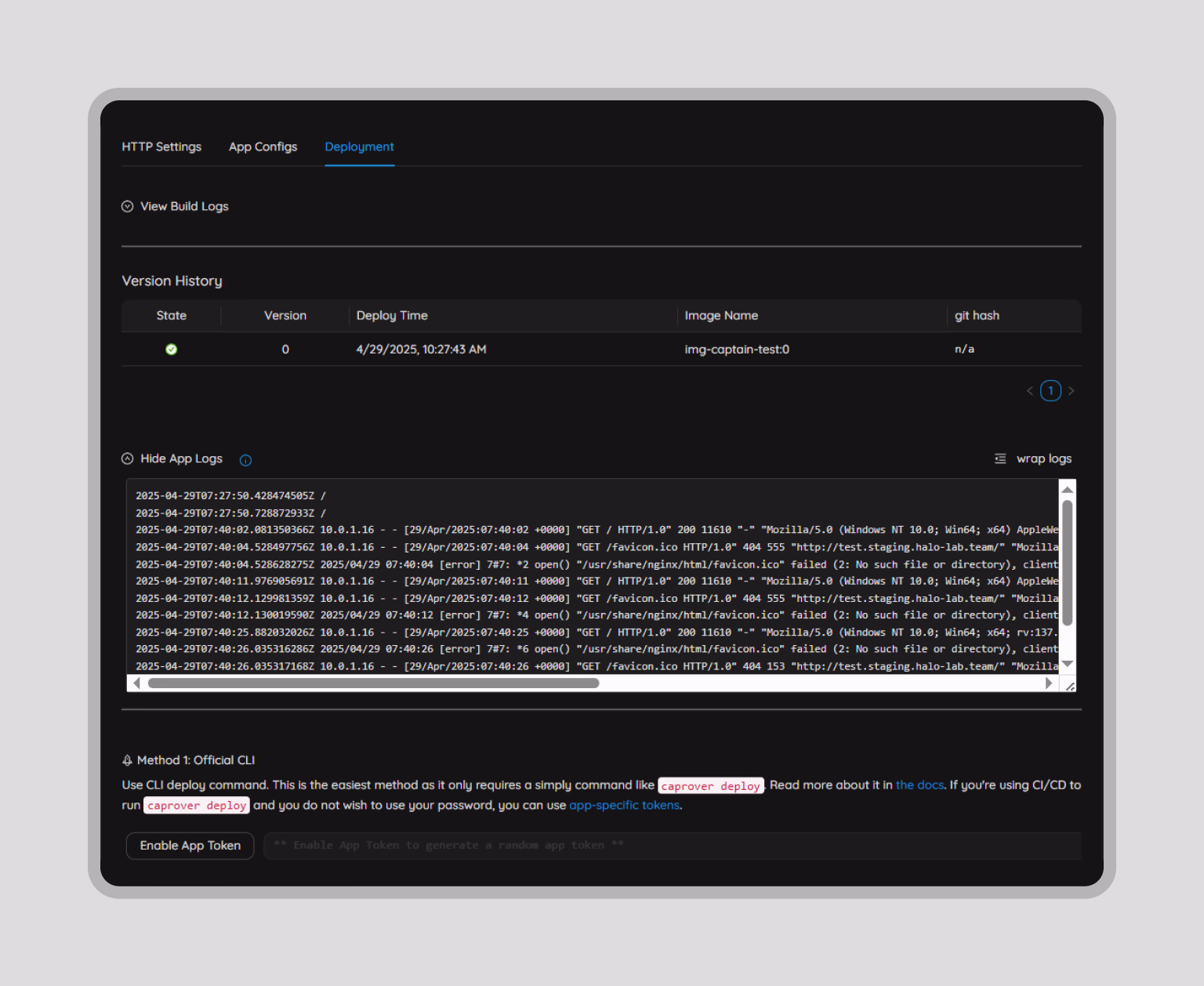 Deployment tab with version history and app logs