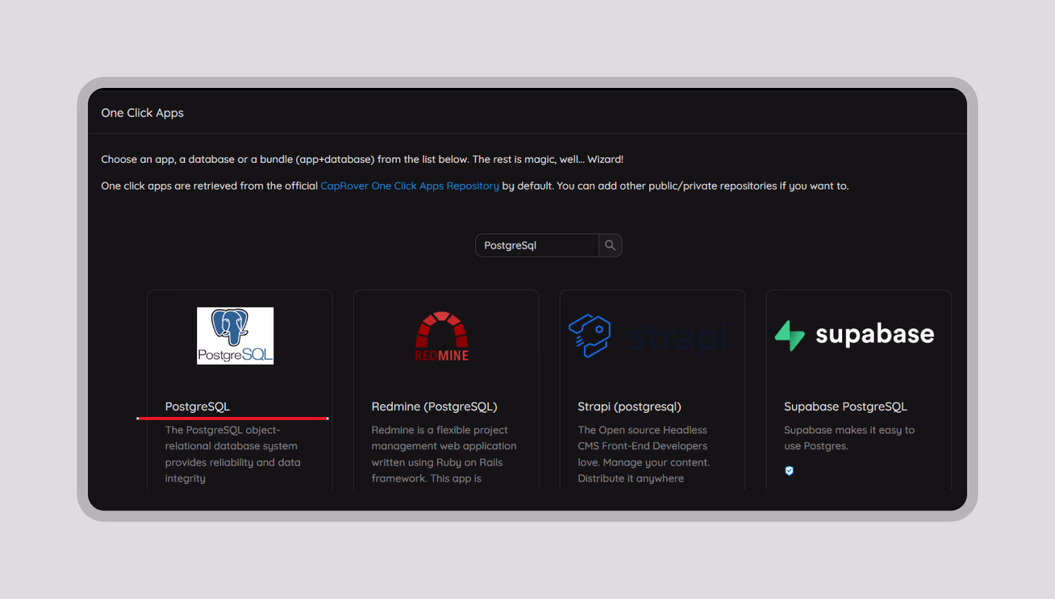 One-Click Apps panel with ready-to-use deployment stacks