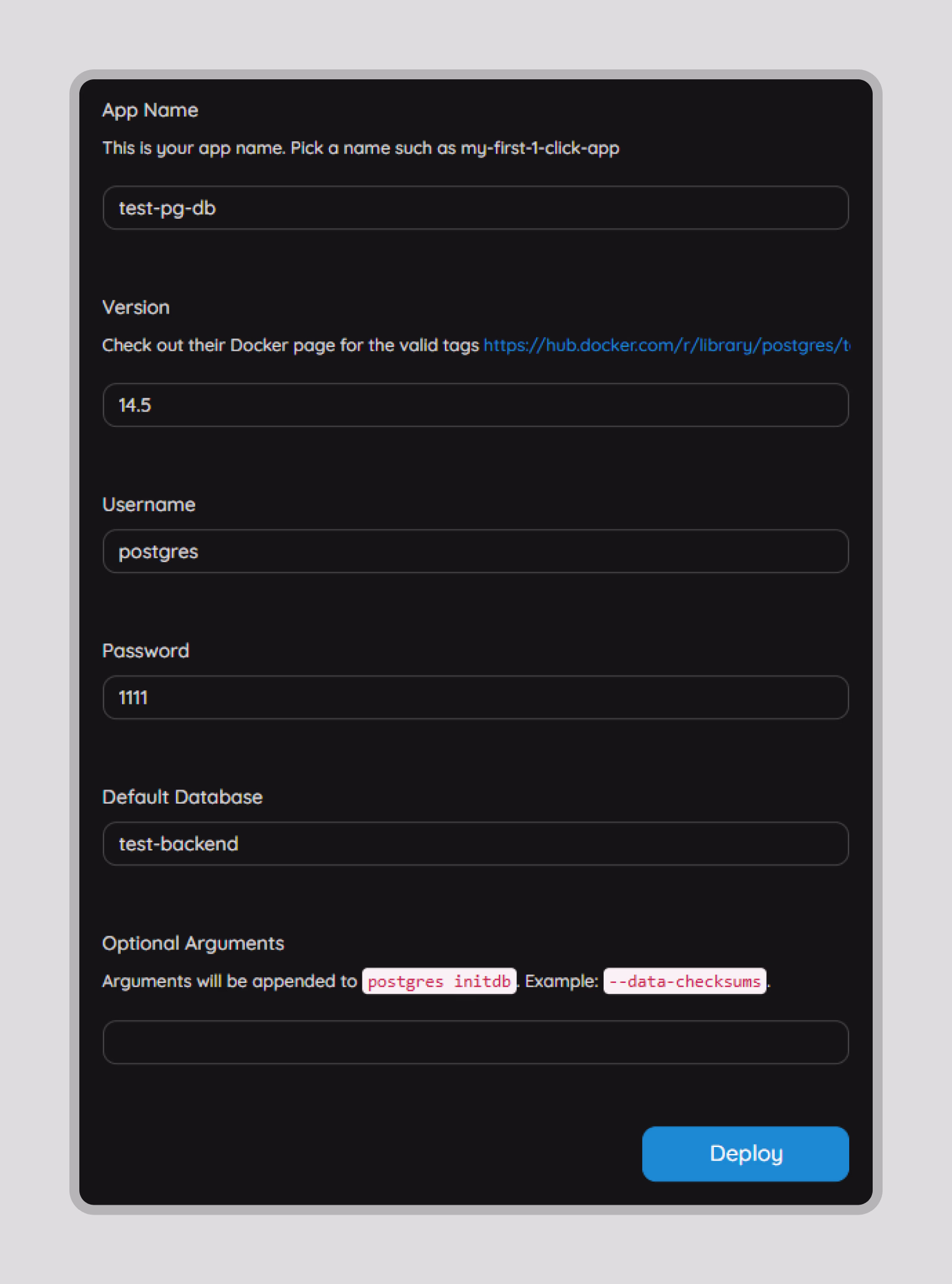 Form for setting up the database name, version, and access