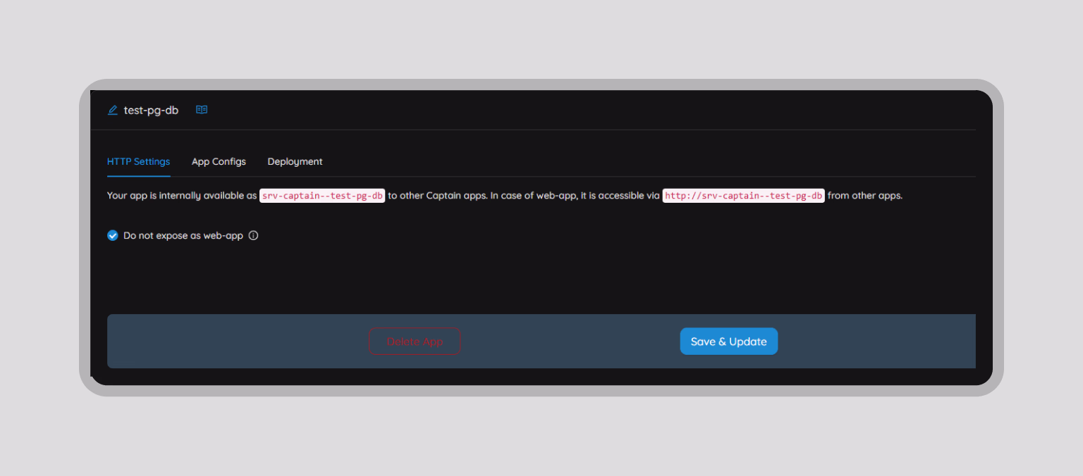 HTTP configuration details for the database app