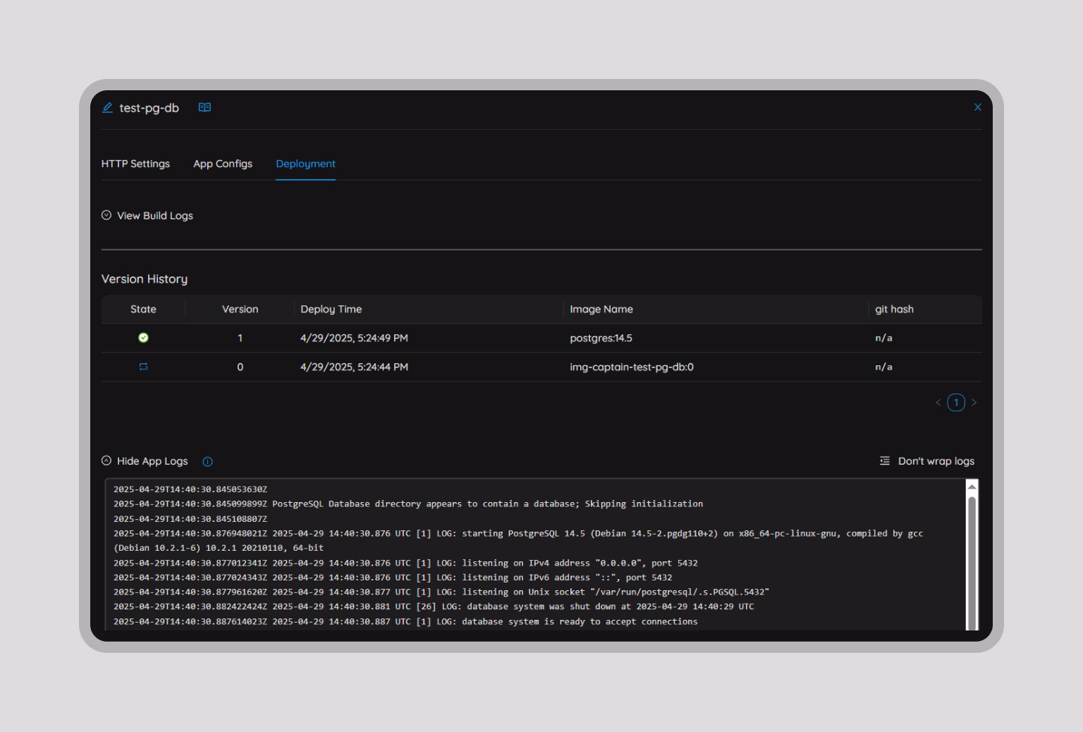 Deployment logs confirming the PostgreSQL container is active