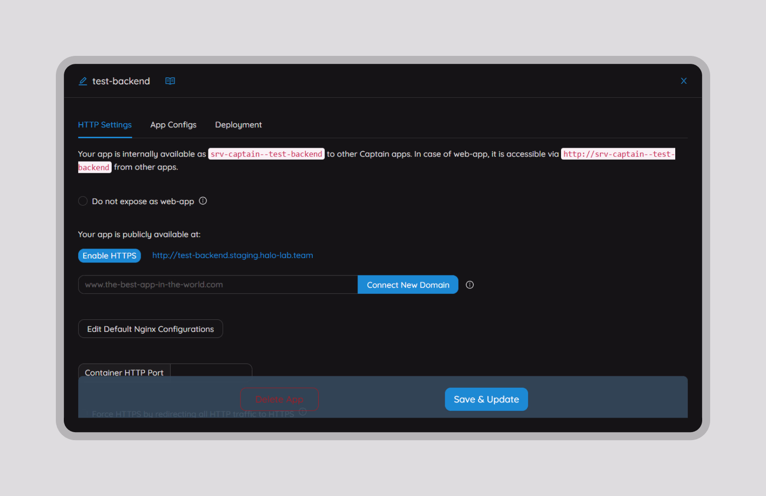 HTTP settings panel for the backend application