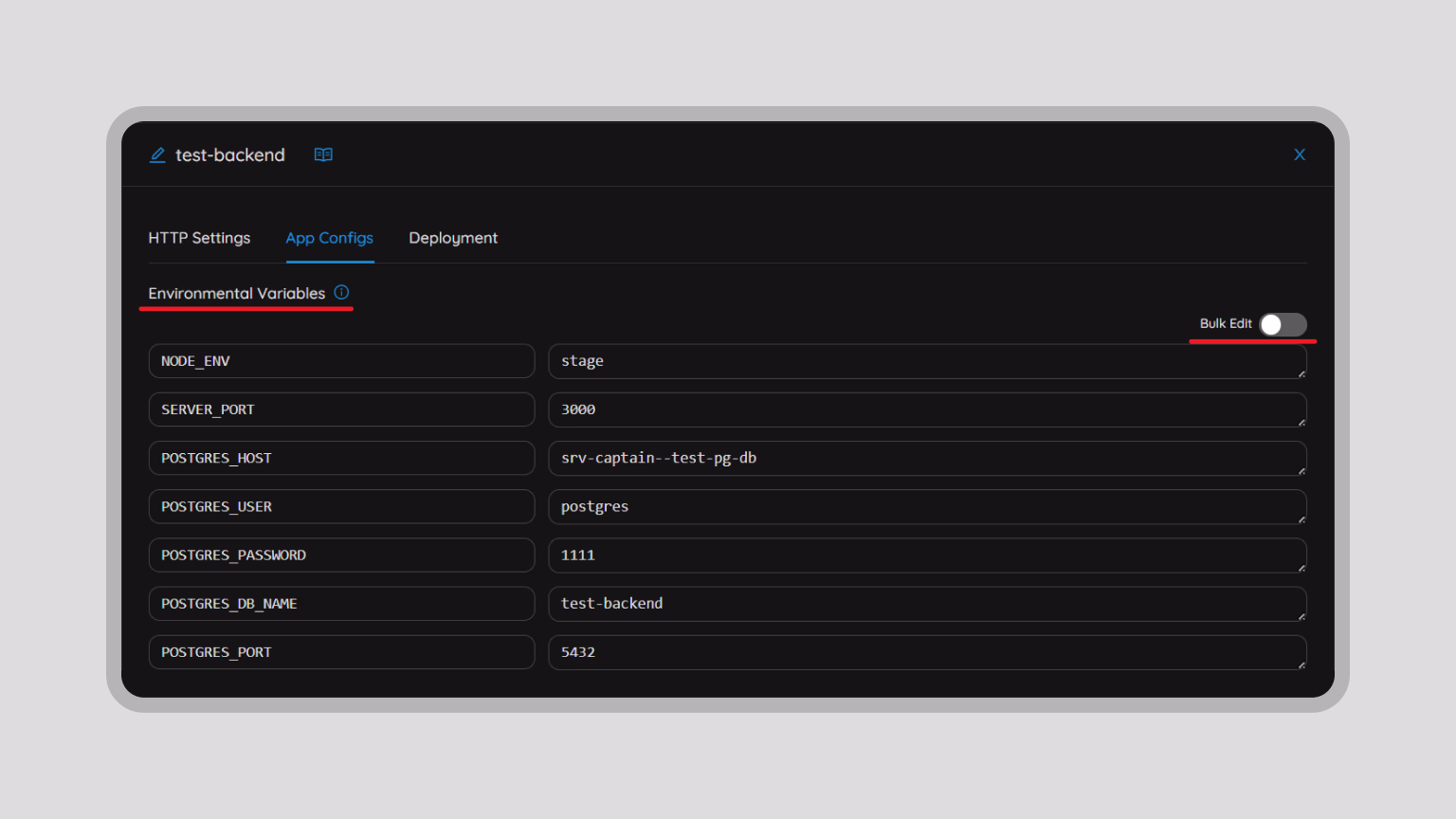 Backend configuration showing each environment variable