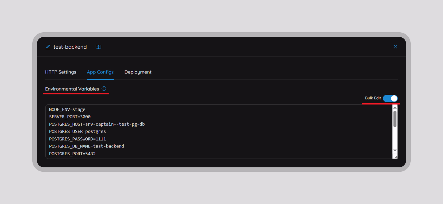 Environment variables displayed in Bulk Edit format