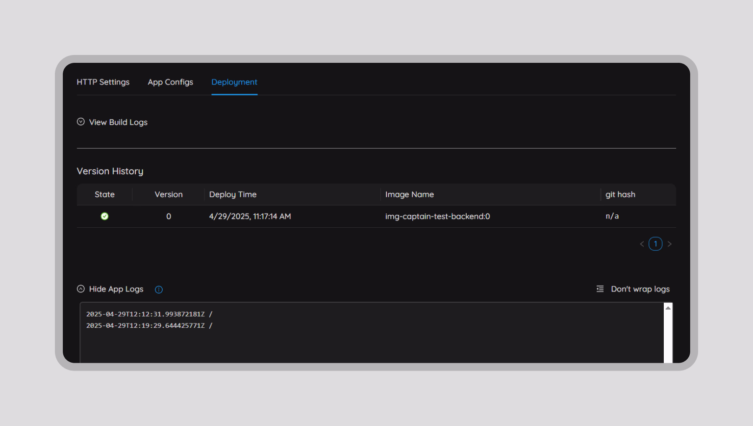 Deployment panel with build logs and version details