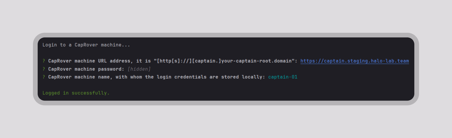 CLI login prompt confirming successful authentication