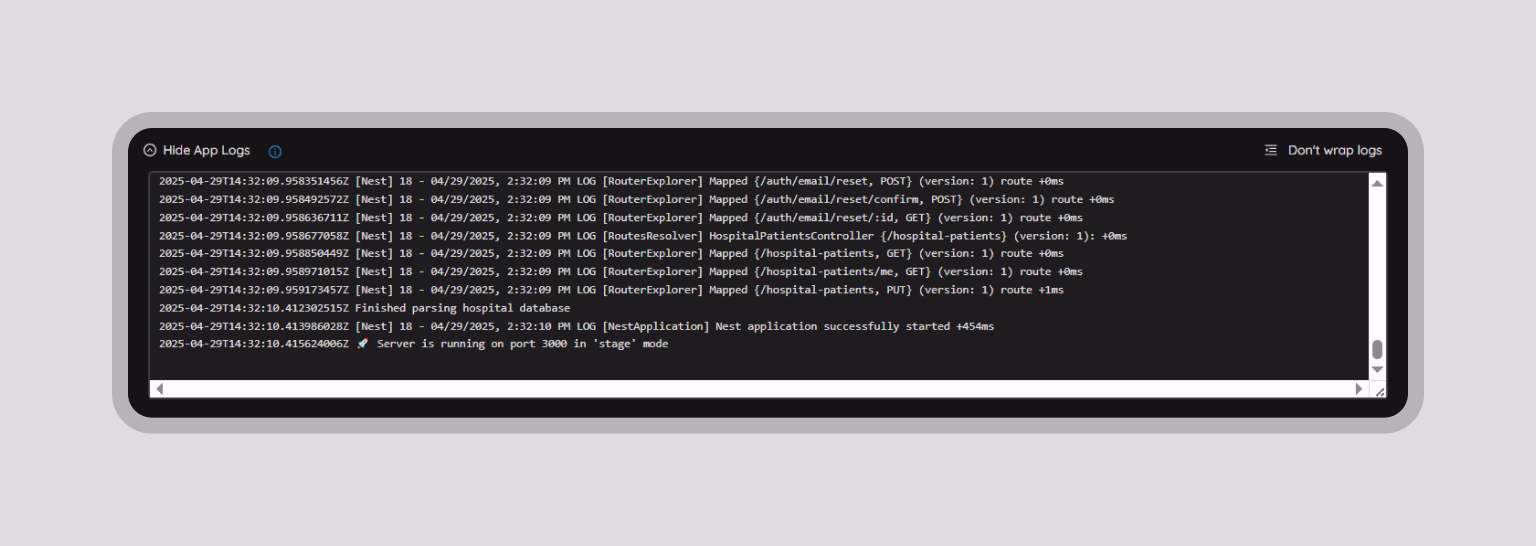 Backend deployment logs confirming successful startup