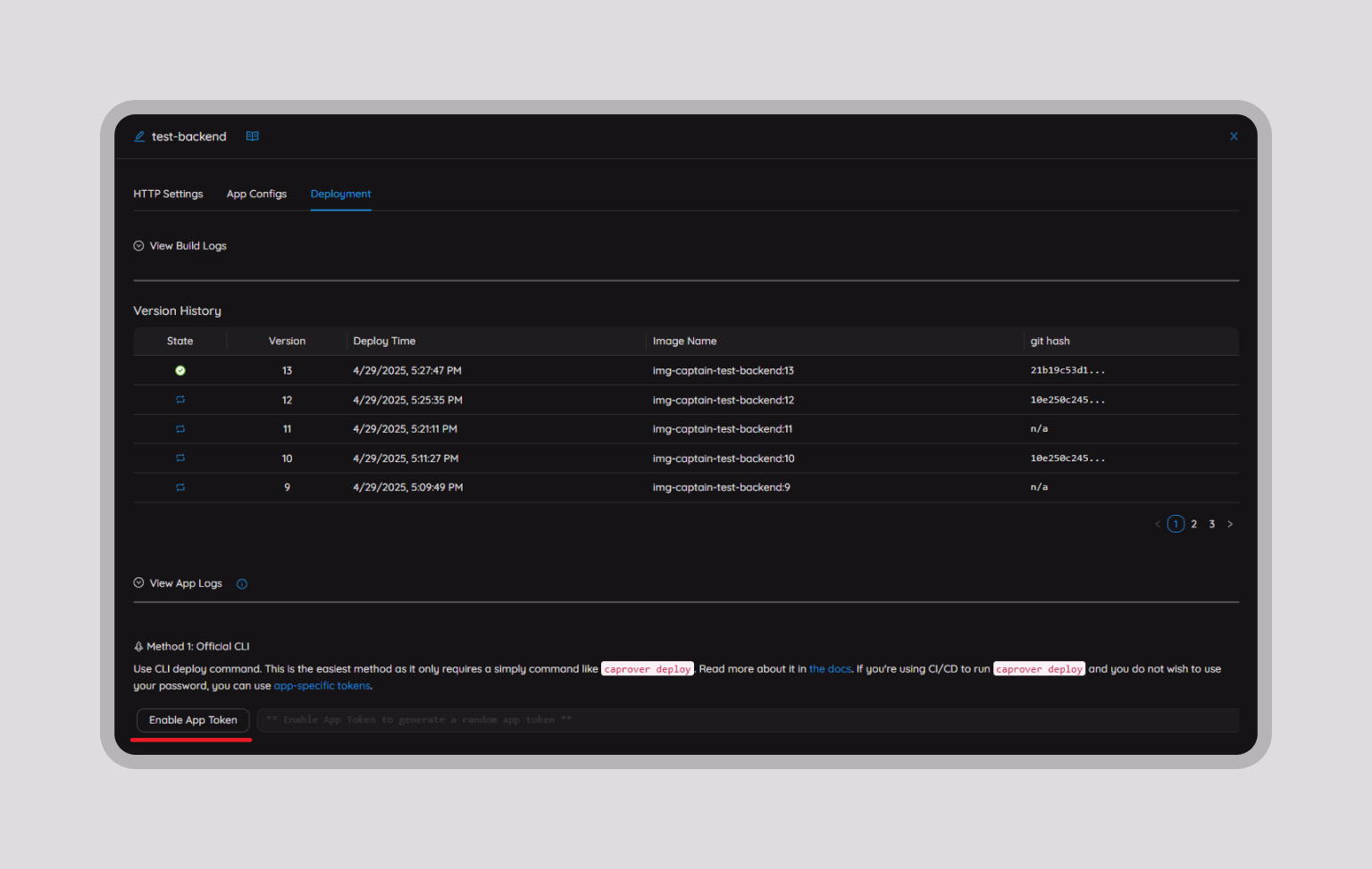 Deployment tab with version history and App Token options