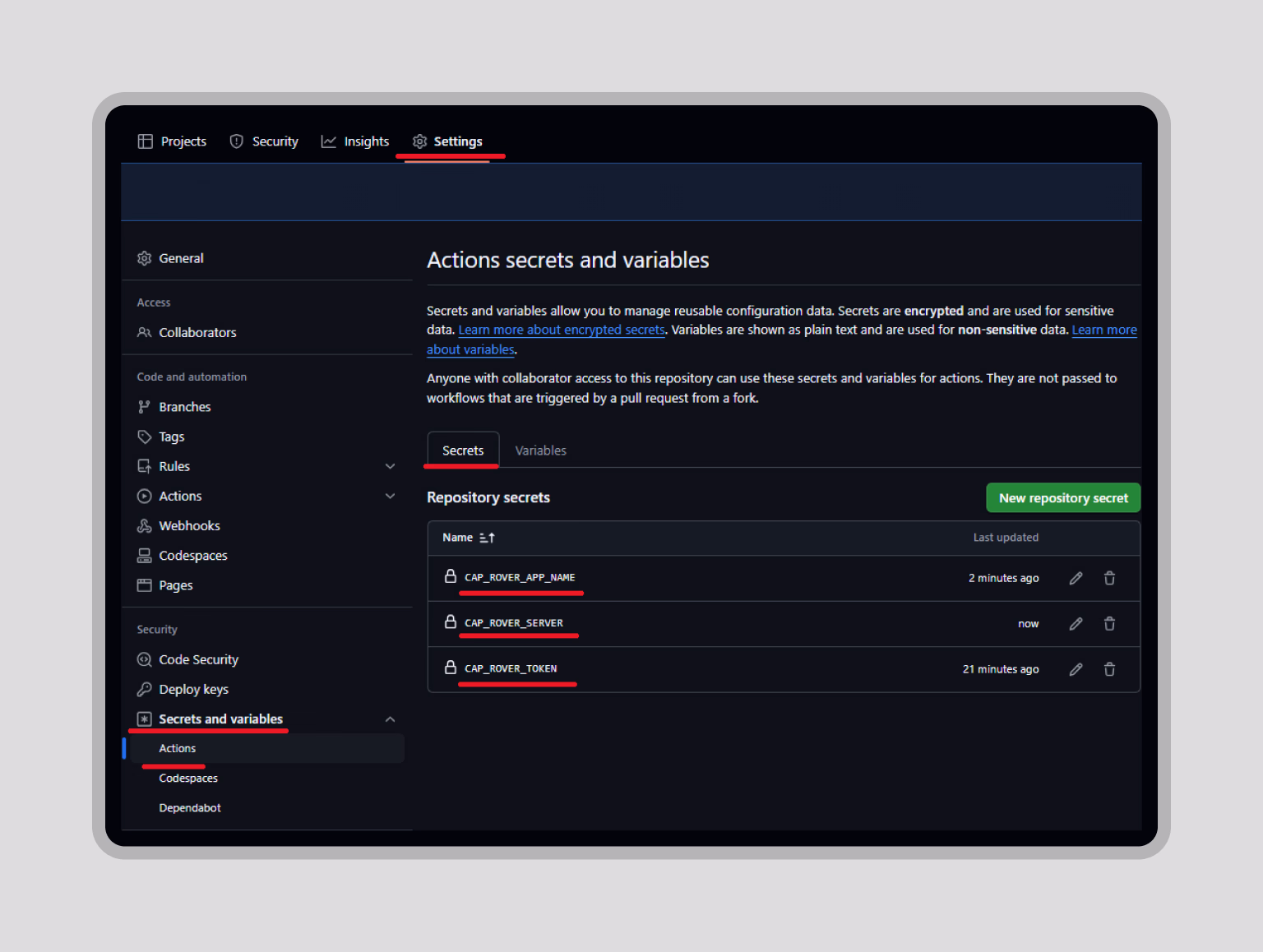 Repository secrets with server, app, and token details