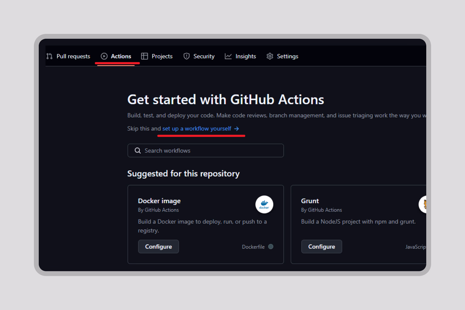 GitHub Actions page to configure deployment workflows