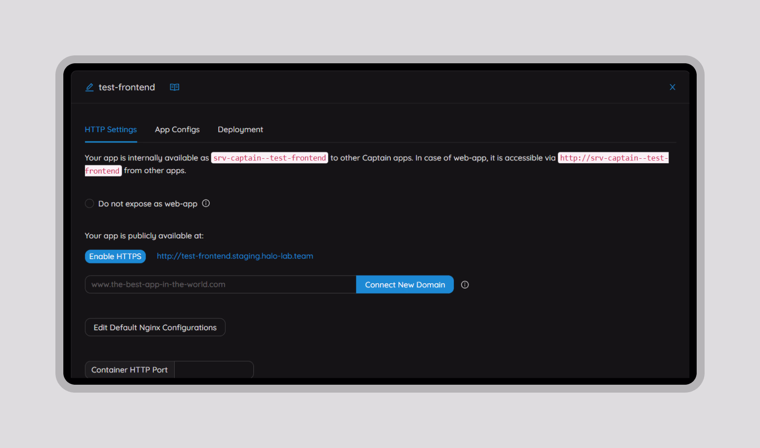 HTTP Settings panel for the frontend app