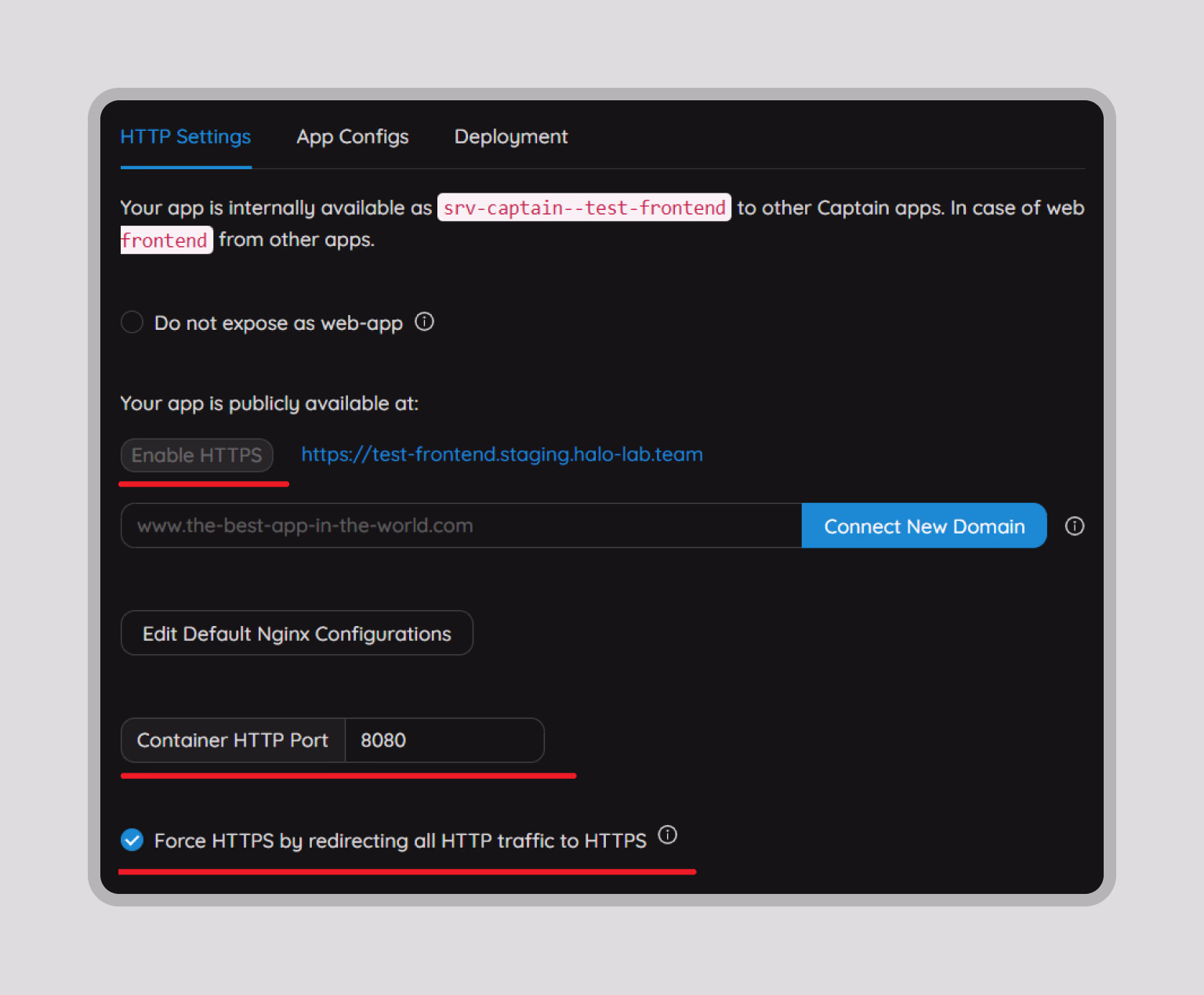 HTTPS and container port configured for the frontend app