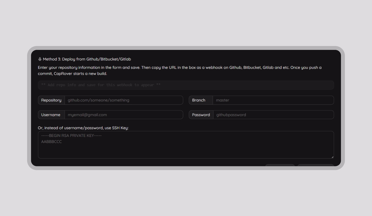 Form for adding GitHub credentials and repository details