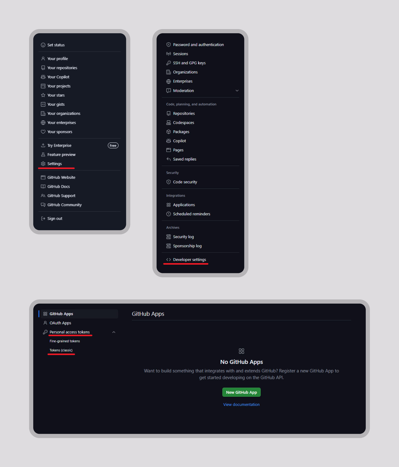 Navigation to Developer Settings and classic tokens in GitHub