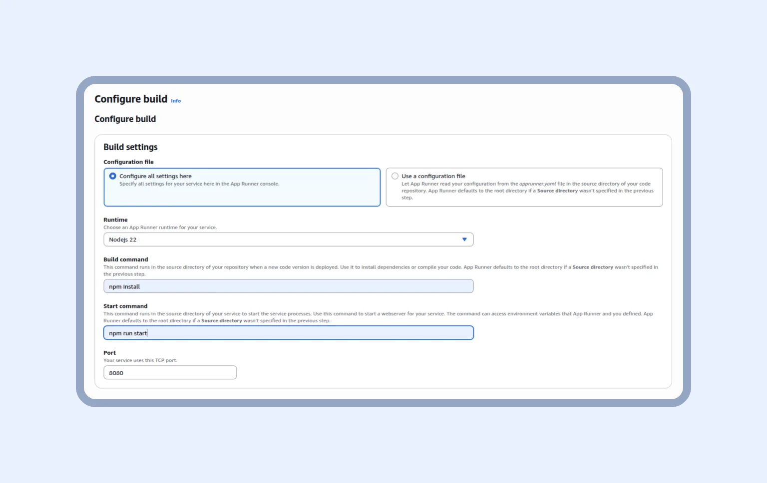 Set your runtime, commands, and ports — App Runner handles the rest