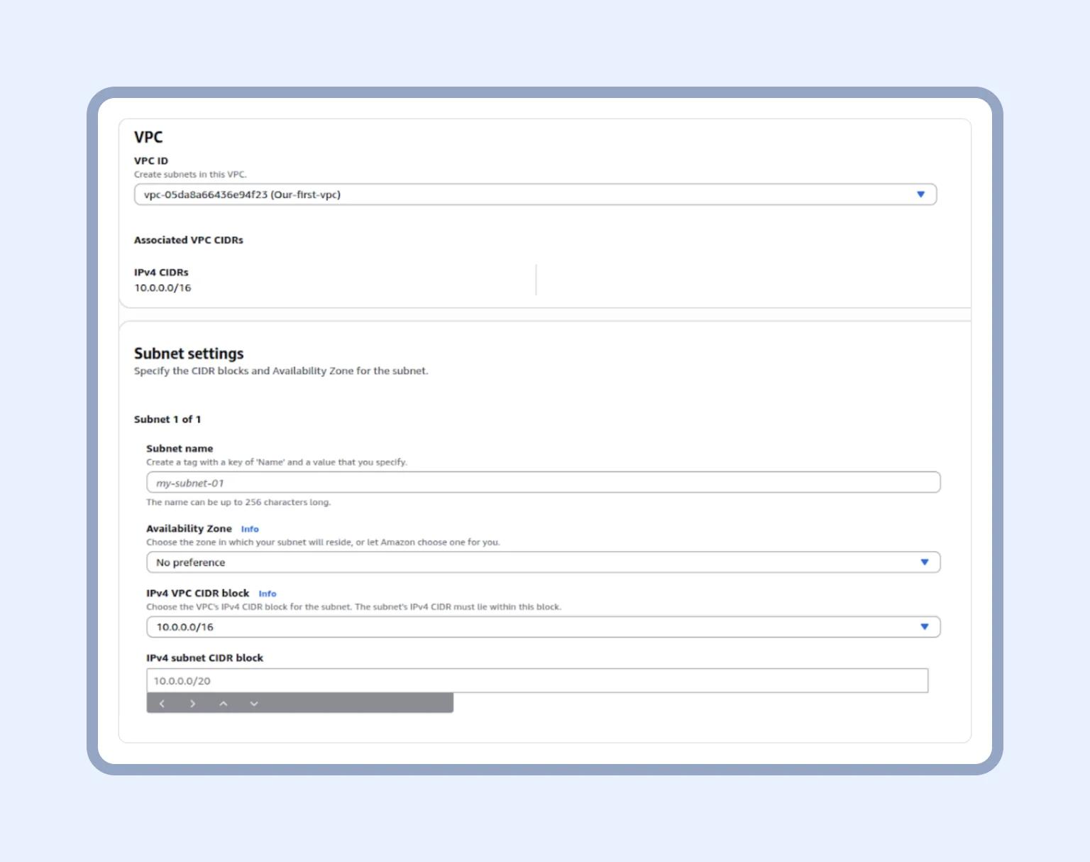 Step 1: Configuring the VPC name and IPv4 CIDR block 