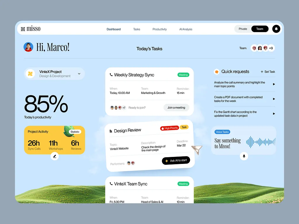 Platform for an AI Productivity SaaS — Misso: complex role‑based dashboards and a modular design system