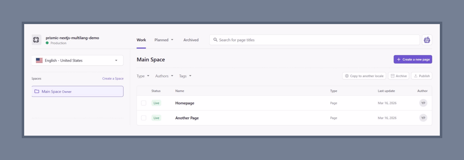 Prismic dashboard — list of pages with left-side locale switcher