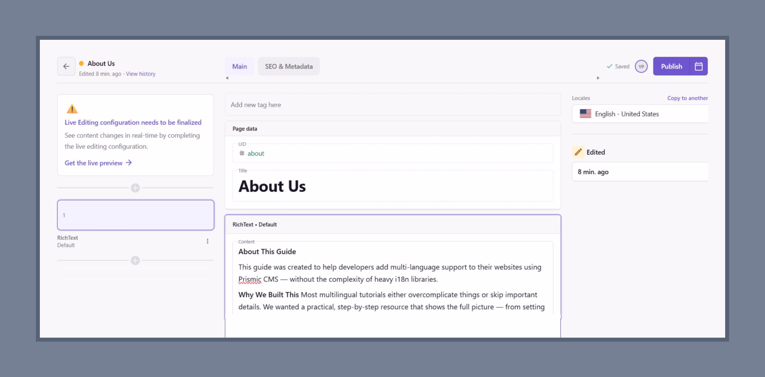 Example of creating the About page in Prismic