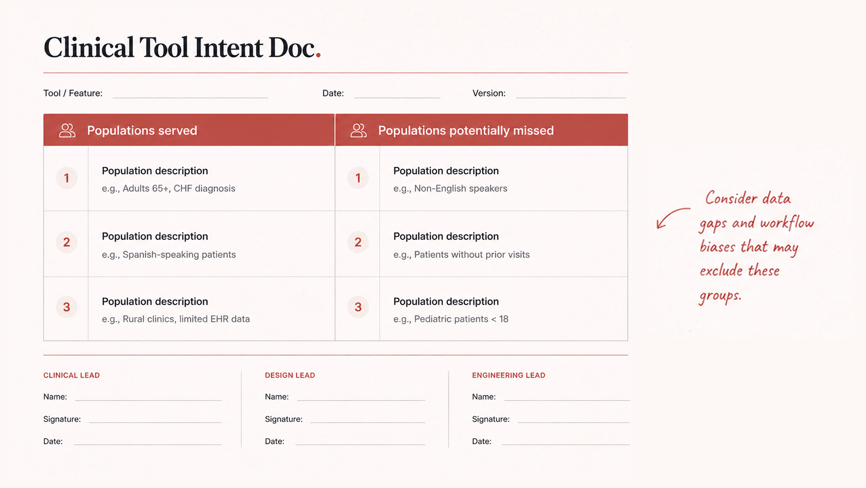 One-page intent doc: served vs. missed populations, signed