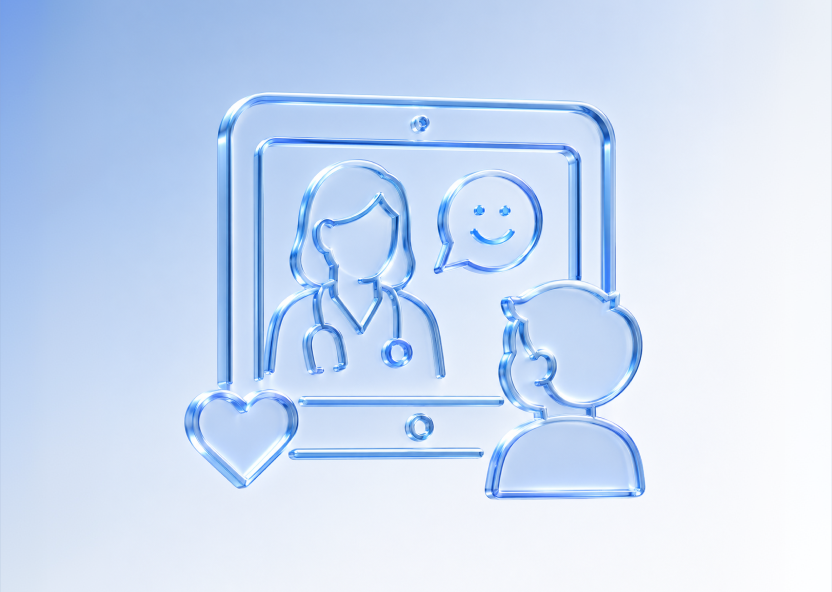 Parent holding a tablet during a pediatric telehealth visit, with a child beside them and a pediatrician on screen